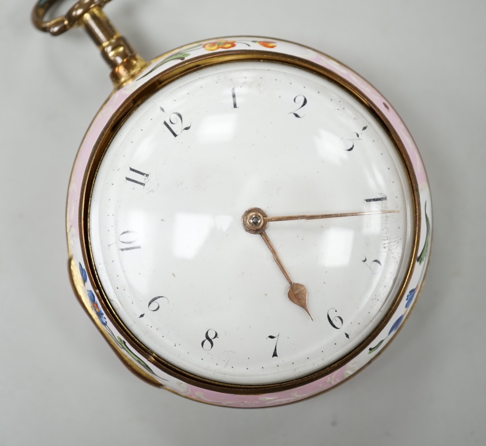 A George III pair gilt metal and polychrome enamel pair cased keywind verge pocket watch by Dubois & Wheeler of London, case diameter 56mm.